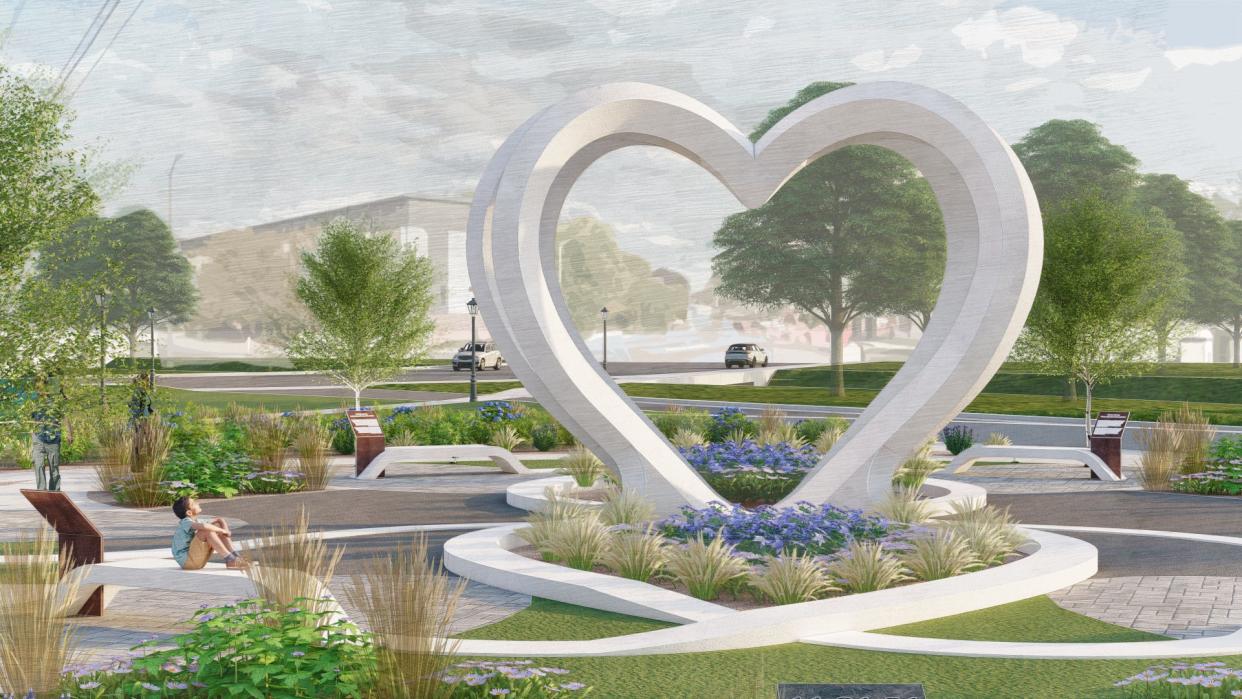 Thrive Architects' plan for a memorial at Grede Park, one of two memorials honoring the six victims killed in the November 2021 attack during the Waukesha Christmas Parade, includes a heart noting the community unity that subsequently emerged. The design, which is still evolving to incorporate ideas presented by Carmen De La Paz, is expected to be finalized in 2023 or early 2024, with completion planned for the third anniversary of the attack. The park is located off Wisconsin and St. Paul avenues near Main Street.