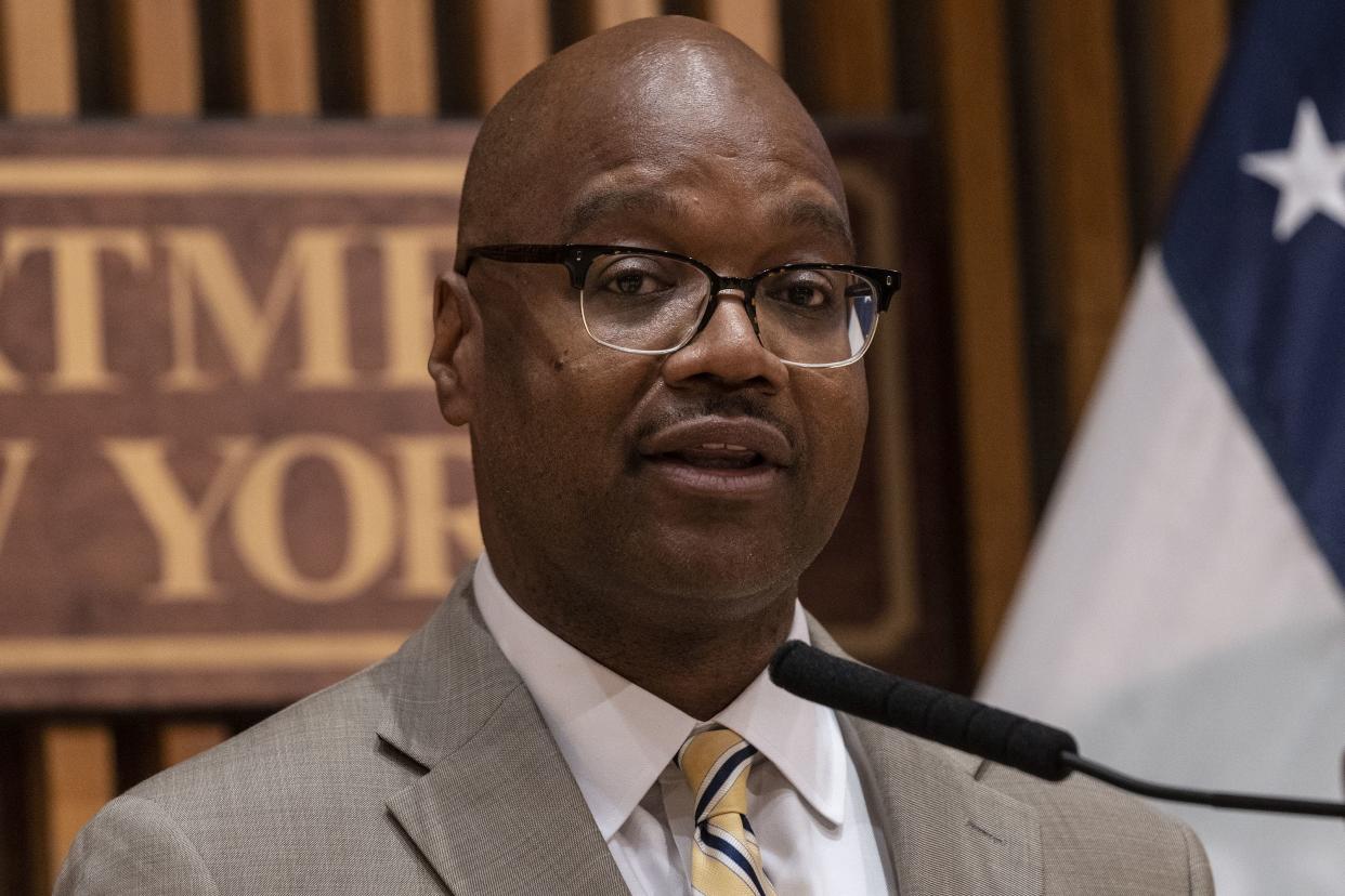 NYC Department of Social Services Commissioner Gary P. Jenkins speaks during a press conference at One Police Plaza in Manhattan, New York.