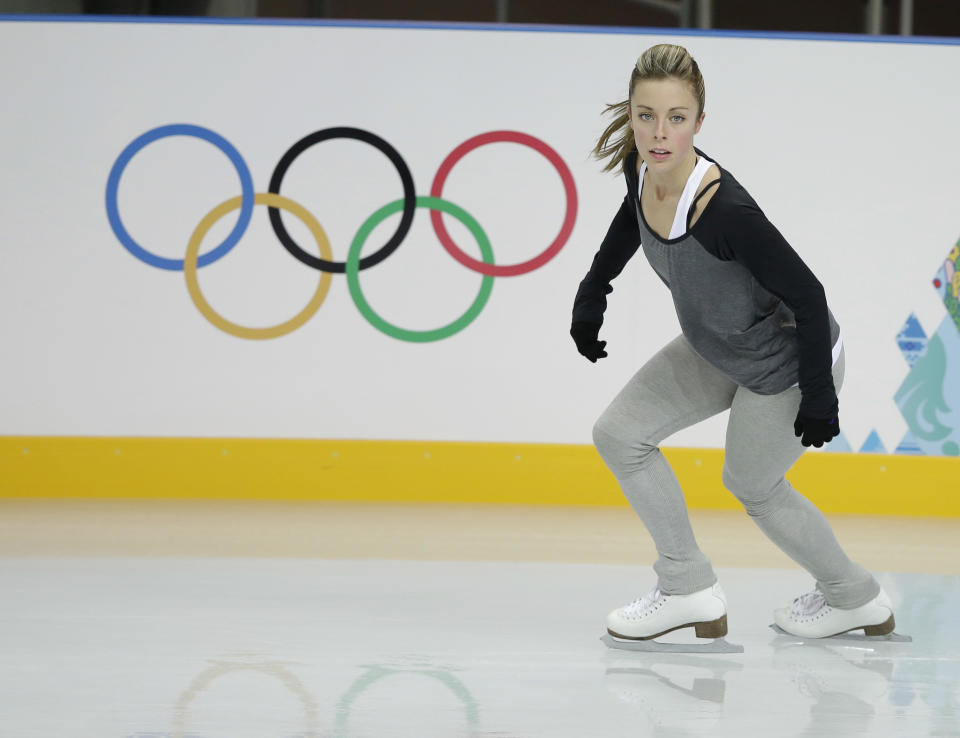 Ashley Wagner of the United States skates during a practice session at the figure stating practice rink at the 2014 Winter Olympics, Monday, Feb. 17, 2014, in Sochi, Russia. (AP Photo/Darron Cummings)