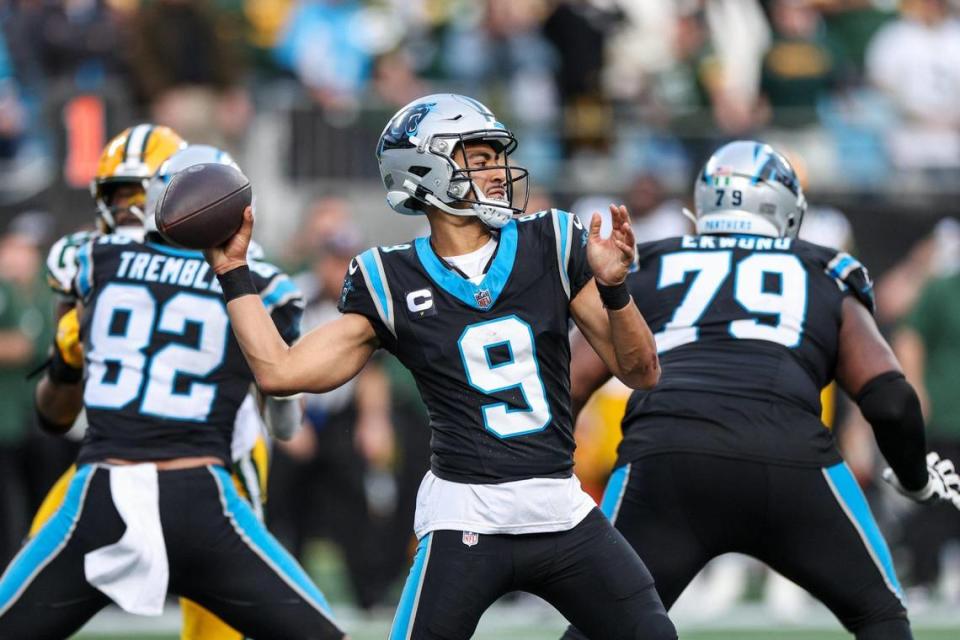 Carolina Panthers quarterback Bryce Young (9) lauches a pass to wide receiver DJ Chark, Jr. as the team drives down the field during the game against the Packers at Bank of America Stadium on Sunday, December 24, 2023. Melissa Melvin-Rodriguez/mrodriguez@charlotteobserver.com