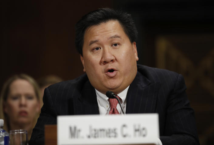FILE - James Ho testifies during a Senate Judiciary Committee hearing on nominations on Capitol Hill in Washington, Nov. 15, 2017. Ho was nominated to be United States Circuit Judge for the Fifth Circuit. Three conservative appeals court judges, including Ho, with a history of supporting restrictions on abortion will hear arguments Wednesday, May 17, 2023, on whether a widely used abortion drug should remain available. (AP Photo/Carolyn Kaster, File)