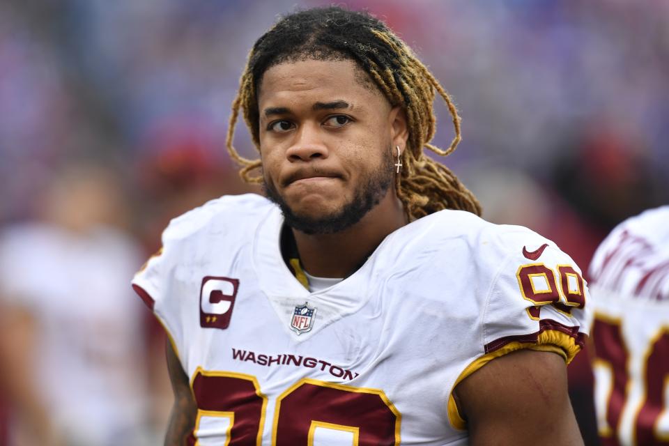 Washington Football Team defensive end Chase Young (99) reacts during the second half of an NFL football game against the Buffalo Bills, Sunday, Sept. 26, 2021, in Orchard Park, N.Y. (AP Photo/Adrian Kraus)