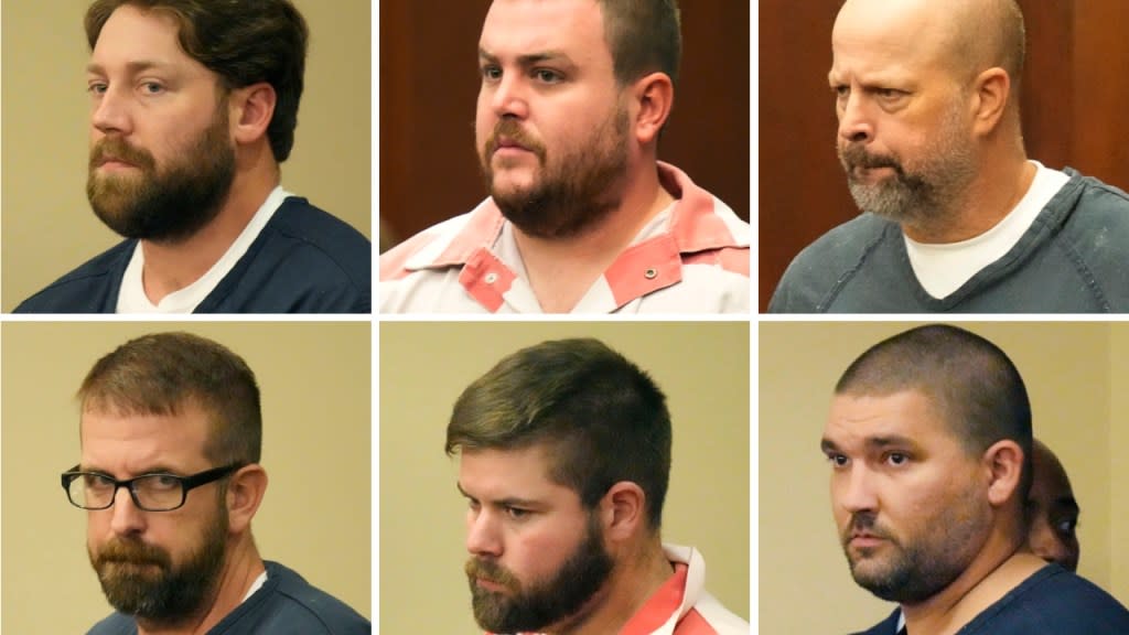 A federal judge has, for the second time, postponed sentencing for (from top left) former Rankin County sheriff’s deputies Hunter Elward, Christian Dedmon, Brett McAlpin, Jeffrey Middleton, Daniel Opdyke and former Richland police officer Joshua Hartfield, who all pleaded guilty to a long list of state and federal charges for torturing two Black men. (Photo: Rogelio V. Solis/AP)