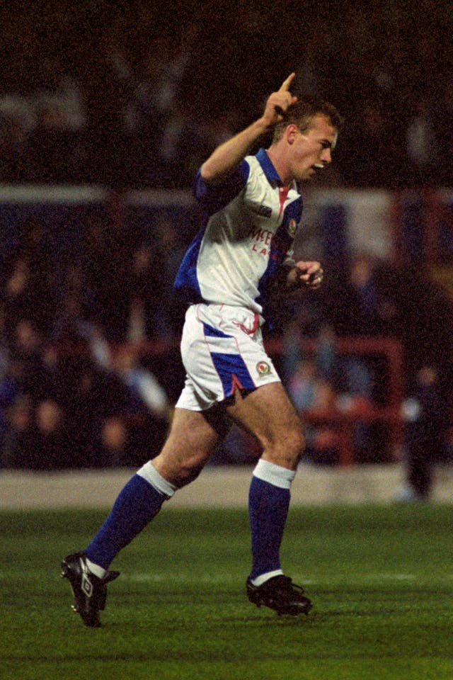 Alan Shearer celebrates scoring for Blackburn against Everton in 1992