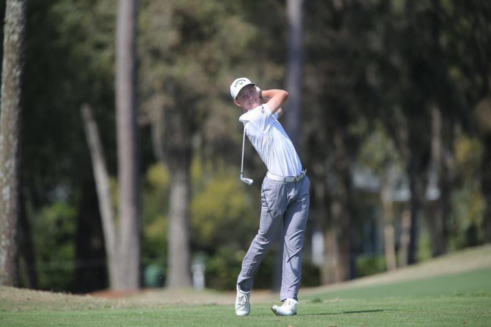 Reed Lotter hits an approach shot during the first round of the Korn Ferry Club Car Championship at the Landings Club in March of 2021.