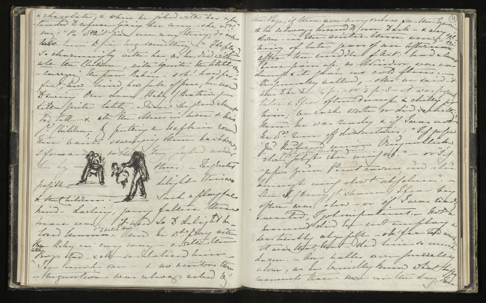This undated image issued on Friday Aug. 23, 2019 by The Royal Collection shows Queen Victoria's volumes of reminiscences between 1840 and 1861. In these pages she describes how Prince Albert played with his young children, putting a napkin around their waist and swinging them backwards and forwards between his legs. The Queen also sketched the scenario. British royal documents, including images of Victoria’s leather-bound notebook, have been uploaded as part of thousands of documents and photos on the website www.albert.rct.uk that went online Friday to mark next week’s 200th anniversary of Albert’s birth. (The Royal Collection Trust via AP)