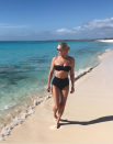 <p>Yolanda Hadid, 54, who is a model as well as mother to models Gigi, Bella, and Anwar, wears a scalloped black bikini top and high-waisted bottoms. (Photo: Instagram/Yolanda Hadid) </p>