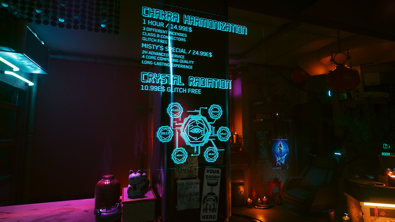 Misty's shop shows various rates for esoteric readings, as well as a strange symbol with code sequences.