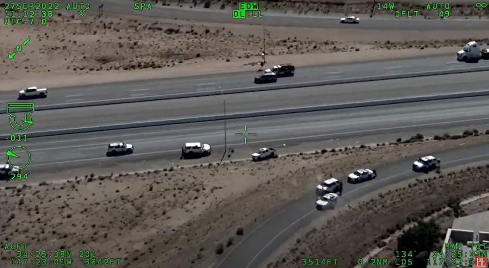 The new footage shows the suspect vehicle getting stuck on a verge (San Bernadino County Sheriff’s Department)