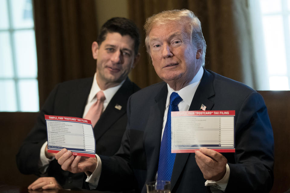 Speaker of the House Paul Ryan looks on as President Donald Trump speaks about tax reform legislation in the Cabinet Room at the White House on Nov. 2, 2017 in Washington. (Photo: Drew Angerer via Getty Images)