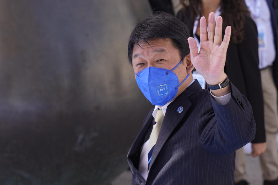 Japan' Foreign Minister Toshimitsu Motegi arrives in Matera, Italy, for a G20 foreign affairs ministers' meeting Tuesday, June 29, 2021.(AP Photo/Antonio Calanni)