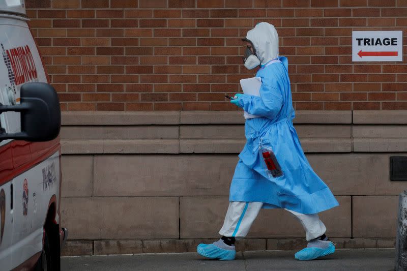 A healthcare worker is seen at the emergency center at Maimonides Medical Center during the outbreak of the coronavirus disease (COVID-19) in Brooklyn