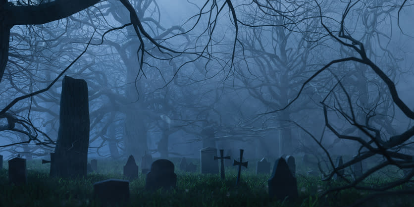 A foggy, eerie cemetery with gravestones and twisted, bare trees creating a haunting atmosphere