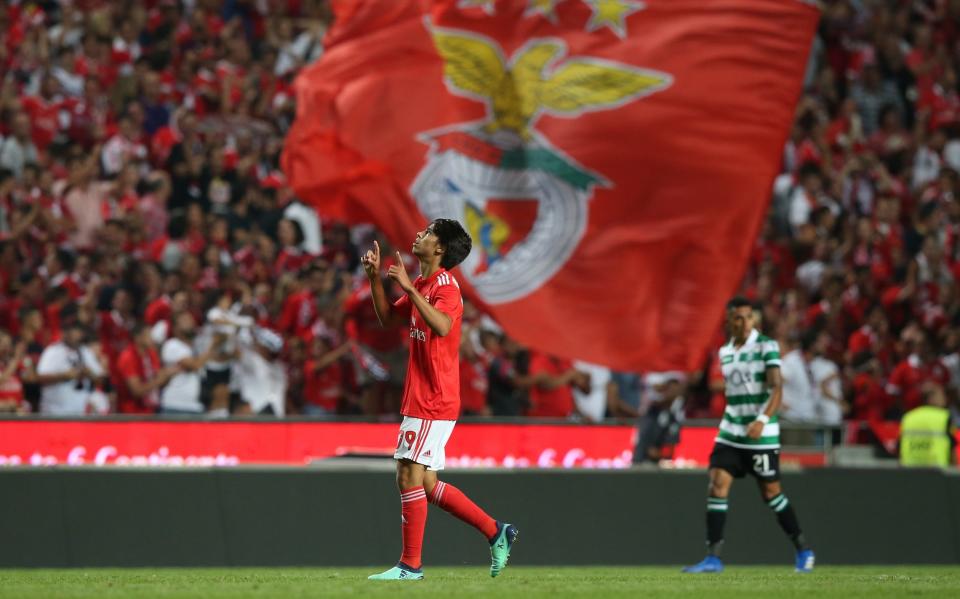   Joao Felix of SL Benfica celebrates after scoring a goal during the Liga NOS match between SL Benfica and Sporting CP at Estadio da Luz on August 25, 2018 - Gualter Fatia/Getty Images