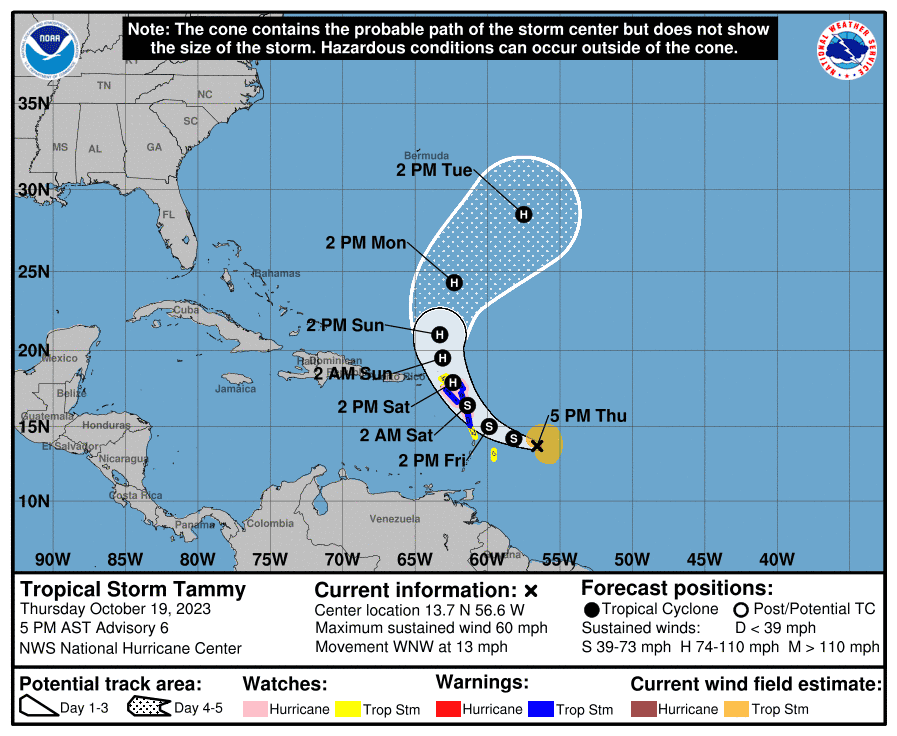 The National Hurricane Center's forecast track for Tammy shows it moving over the Leeward Islands, then recurving back out into the Atlantic Ocean and away from the U.S. mainland over the weekend.