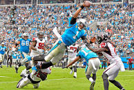 <p>Cam Newton #1 of the Carolina Panthers dives into the end zone for a touchdown during the second quarter of their game against the Atlanta Falcons at Bank of America Stadium on November 5, 2017 in Charlotte, North Carolina. (Photo by Grant Halverson/Getty Images) </p>