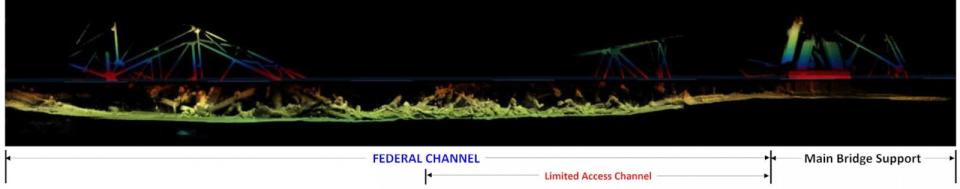 PHOTO: This sonar image shows bridge wreckage in the deepest part of the federal Port of Baltimore Shipping Channel (center), and one of the Francis Scott Key Bridge main supports (right). (Bobby Petty/U.S. Army Corps of Engineers, Baltimore District)