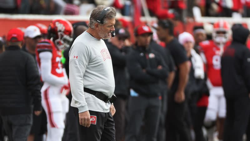 Utah Utes head coach Kyle Whittingham stands on the sideline during a timeout with Oregon in Salt Lake City on Saturday, Oct. 28, 2023.