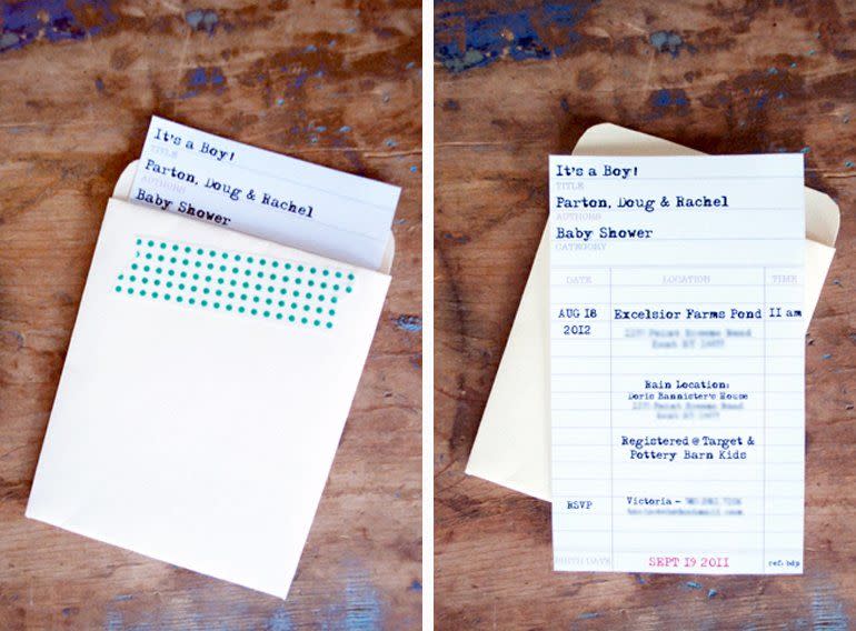 a shower invite that looks like a library card