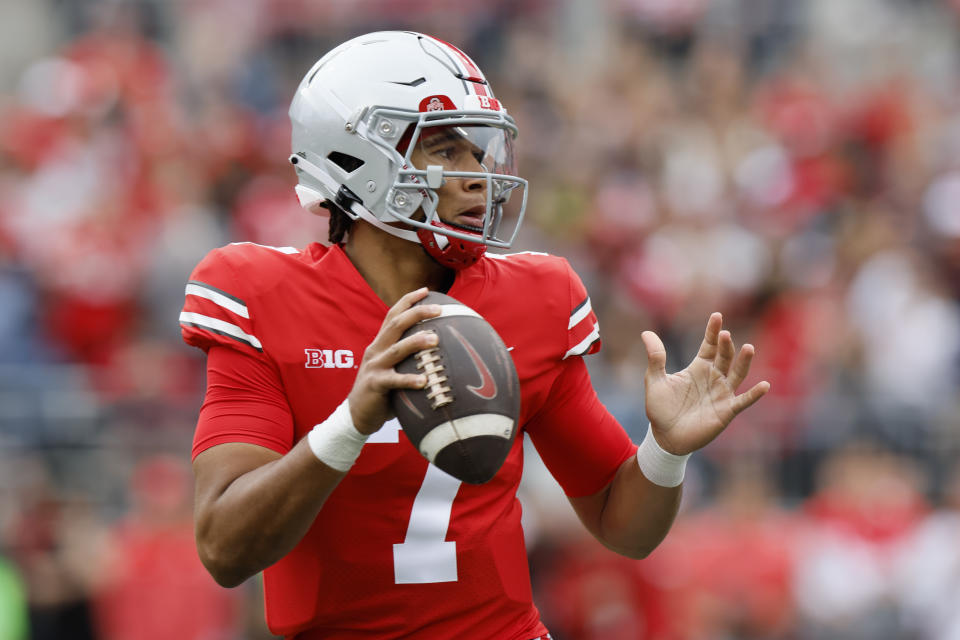 Ohio State quarterback C.J. Stroud drops back to pass against Rutgers during the first half of an NCAA college football game, Saturday, Oct. 1, 2022, in Columbus, Ohio. (AP Photo/Jay LaPrete)