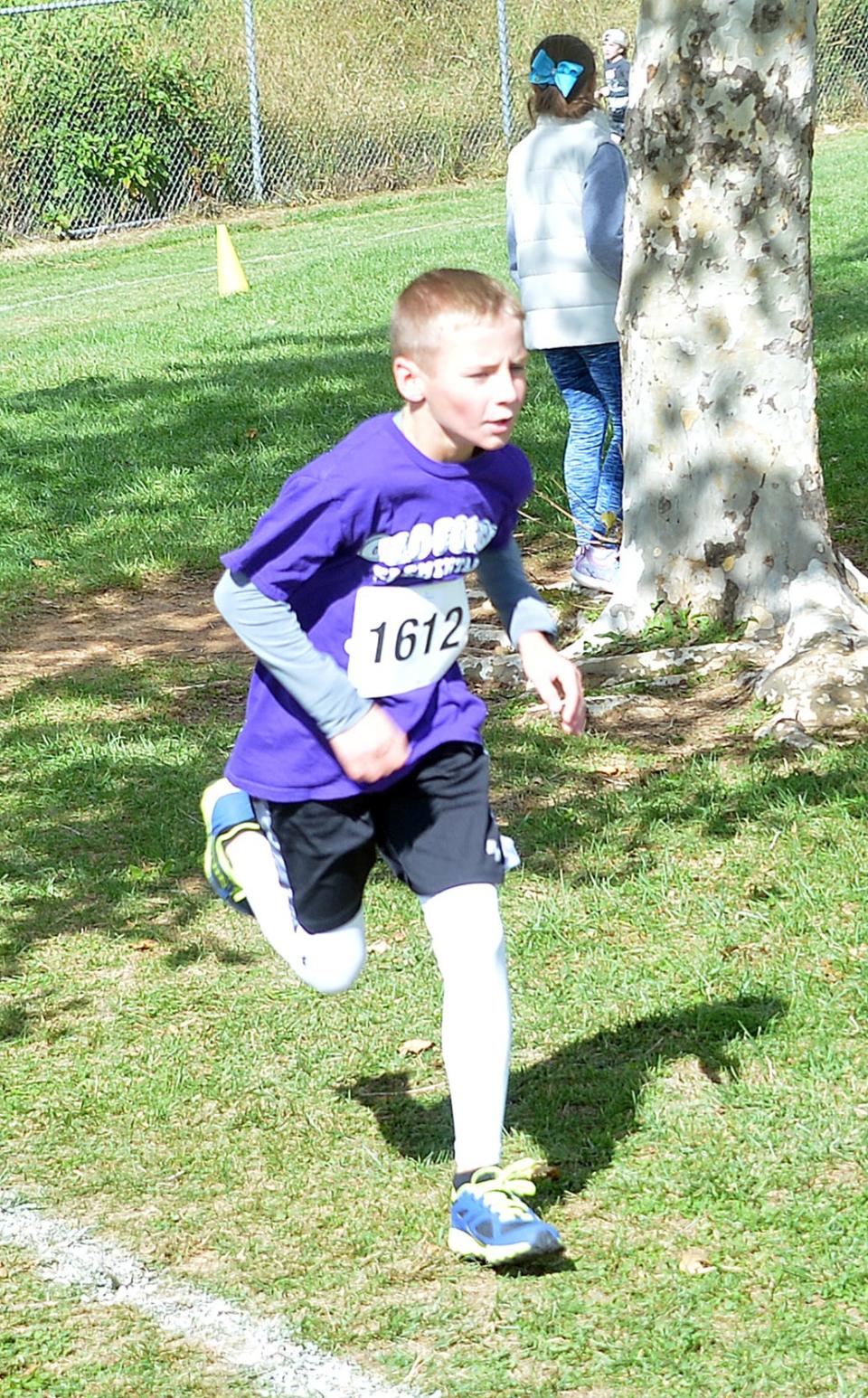 Old Forge's Garrett Hutzell won the fifth-grade boys race during the 2022 WCPS Elementary School Cross Country run at Eastern Elementary in Hagerstown on Oct. 8.