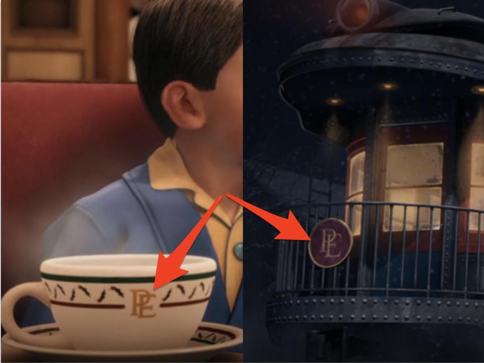 arrows pointing to side by side photos of the hot chocolate mugs from the polar express and the front of the train