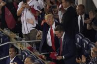 President Donald Trump is introduced during the third inning of Game 5 of the baseball World Series between the Houston Astros and the Washington Nationals Sunday, Oct. 27, 2019, in Washington. (AP Photo/Pablo Martinez Monsivais)