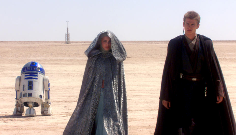 <p>George Lucas’s prequel trilogy isn’t short on problems, but few are as glaring as the nonexistent chemistry between Natalie Portman’s regal Queen Amidala and Hayden Christensen’s petulant Anakin Skywalker. Epitomized by the latter’s <a rel="nofollow noopener" href="https://www.youtube.com/watch?v=2tLf1JO5bvE" target="_blank" data-ylk="slk:diatribe against sand;elm:context_link;itc:0;sec:content-canvas" class="link ">diatribe against sand</a>, their romance lacks a single spark or even a sense that the two feel much of anything <span>— </span>other than annoyance at having to recite such awful dialogue in front of endless green screens. (Photo: 20th Century Fox/courtesy Everett Collection) </p>