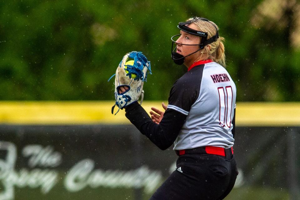 North Posey’s Erin Hoehn (11) catches the ball in the outfield as the Vikings play the Mater Dei Wildcats at North Posey High School in Poseyville, Ind., Thursday afternoon, April 27, 2023.