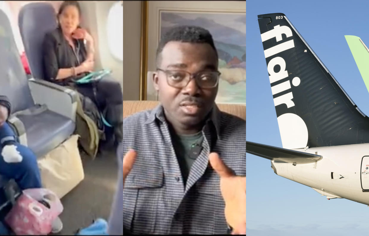 (left) white woman in an airline seat. (middle) Adeola Alle in a TikTok video. (right) Flair Airlines plane. 
