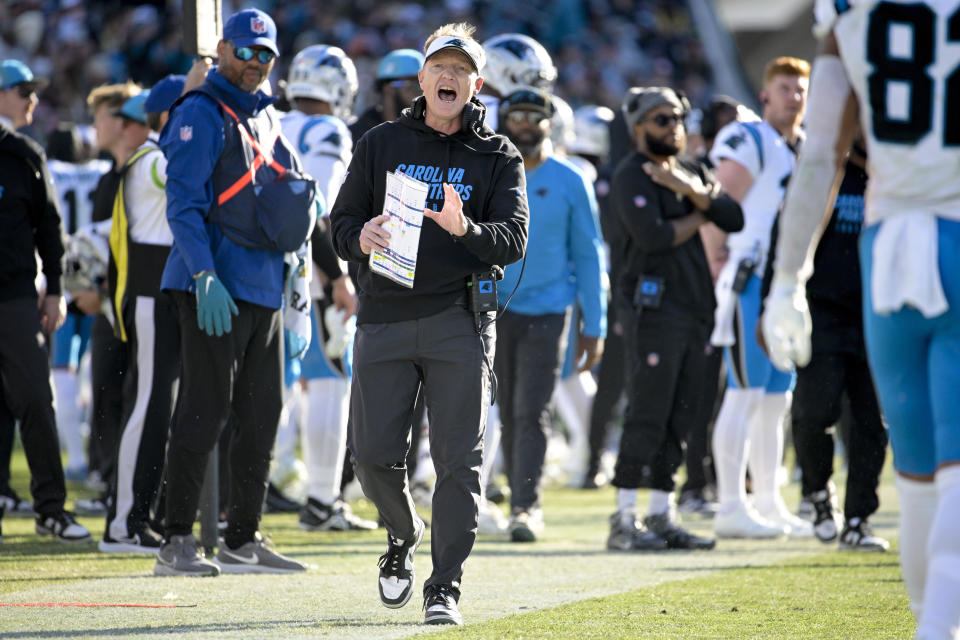 Carolina Panthers interim head coach Chris Tabor reacts during the second half of an NFL football game against the Jacksonville Jaguars Sunday, Dec. 31, 2023, in Jacksonville, Fla. (AP Photo/Phelan M. Ebenhack)