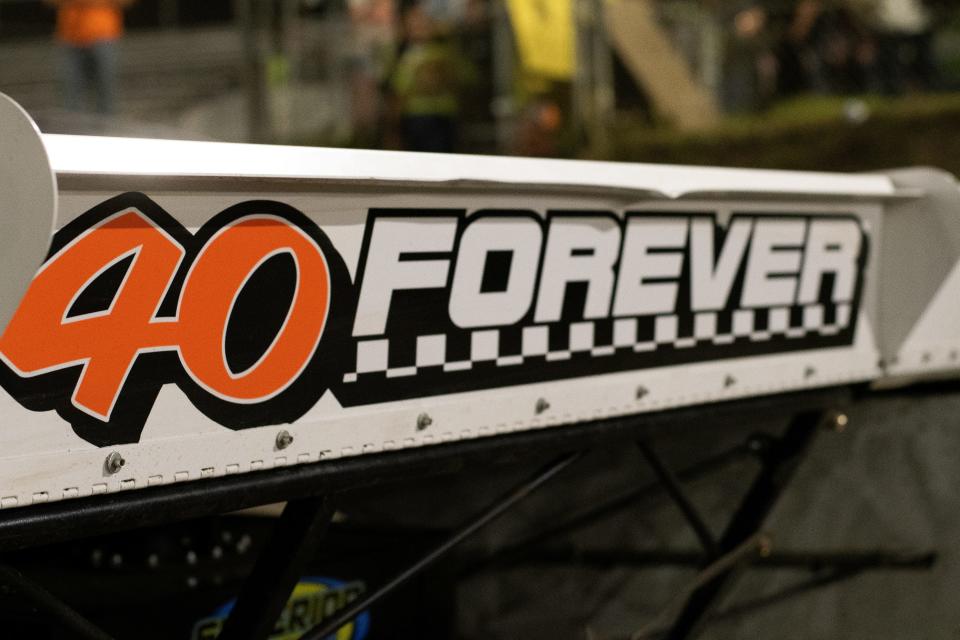 The back of Mike Chasteen Jr.'s car carries a memorial to the No. 40 car of Hall of Fame dirt-track racing icon Mike Chasteen Sr., who died on May 1 at age 63.