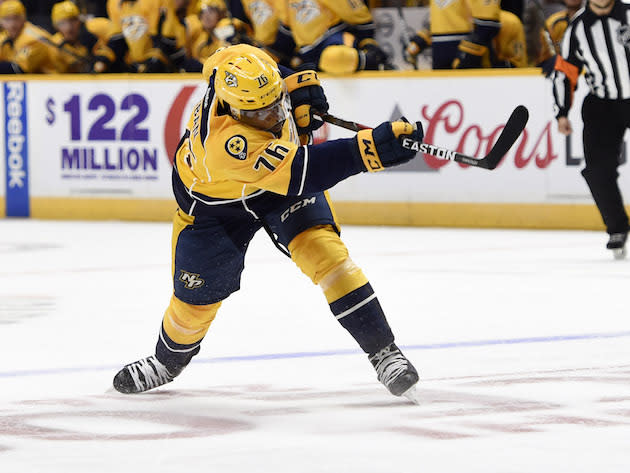 NASHVILLE, TN - OCTOBER 14: Newly acquired P.K. Subban #76 of the Nashville Predators follows through on a slap shot that would result in a power play goal against the Chicago Blackhawks at Bridgestone Arena on October 14, 2016 in Nashville, Tennessee. (Photo by Sanford Myers/Getty Images)