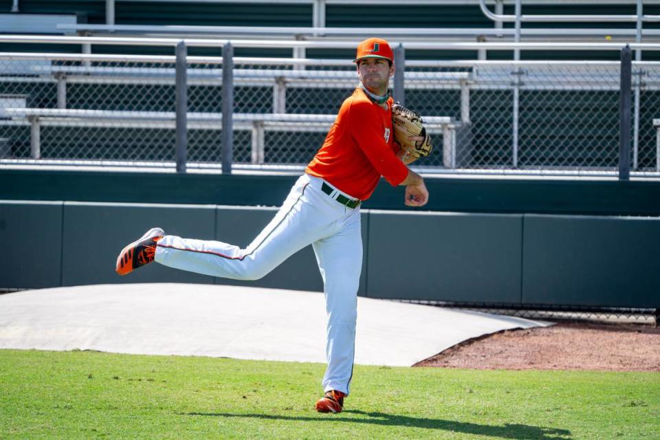 Miami Hurricanes graduate transfer pitcher Ben Wanger, who previously played at Yale and USC, is shown warming up in 2021.