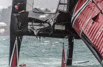 <p>In this photo provided by America’s Cup Event Authority, Emirates Team New Zealand capsizes during an America’s Cup challenger semifinal against Great Britain’s Land Rover BAR on the Great Sound in Bermuda on Tuesday, June 6, 2017. (Ricardo Pinto/ACEA via AP) </p>