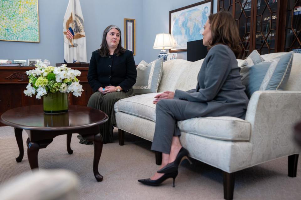 PHOTO: Vice President Kamala Harris participates in a conversation on Alabama's Supreme Court ruling on IVF with Alabama resident and IVF patient Abbey Crain, on Feb. 29, 2024, in the Vice President's West Wing Office at the White House. (Official White House Photo by Lawrence Jackson)