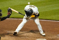 Pittsburgh Pirates' Phillip Evans is hit by a pitch by San Diego Padres relief pitcher Nabil Crismatt during the sixth inning of a baseball game in Pittsburgh, Tuesday, April 13, 2021. (AP Photo/Gene J. Puskar)