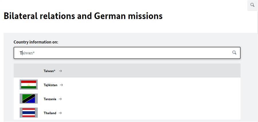 德國外交部官網，中華民國國旗一片空白。（圖／摘自德國外交部官網）