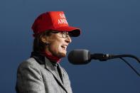 FILE - Arizona state Sen. Wendy Rogers, R-Flagstaff, speaks at a Save America Rally prior to former president Donald Trump speaking on Jan. 15, 2022, in Florence, Ariz. (AP Photo/Ross D. Franklin, File)