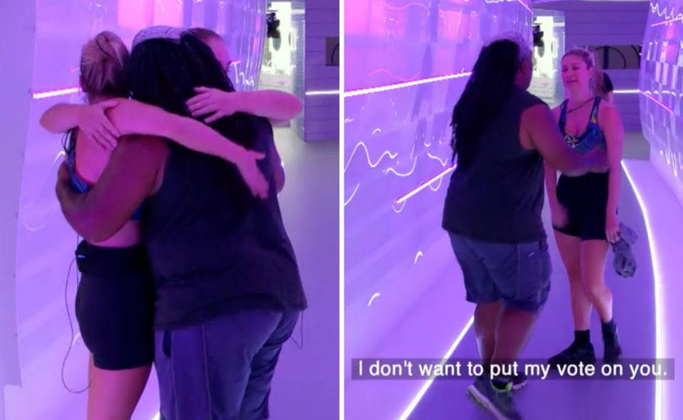 On the left, Aleisha, Trevor and Gabbie hug while crying, on the right, Trevor talks to Aleisha. Caption reads: I don't want to put my vote on you.