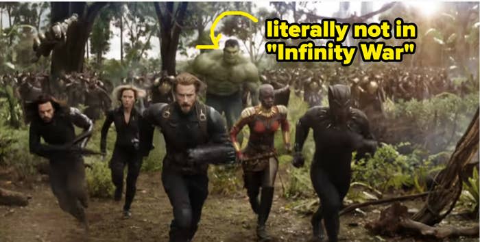 Arrow pointing to Hulk and saying he wasn't in "Infinity War"