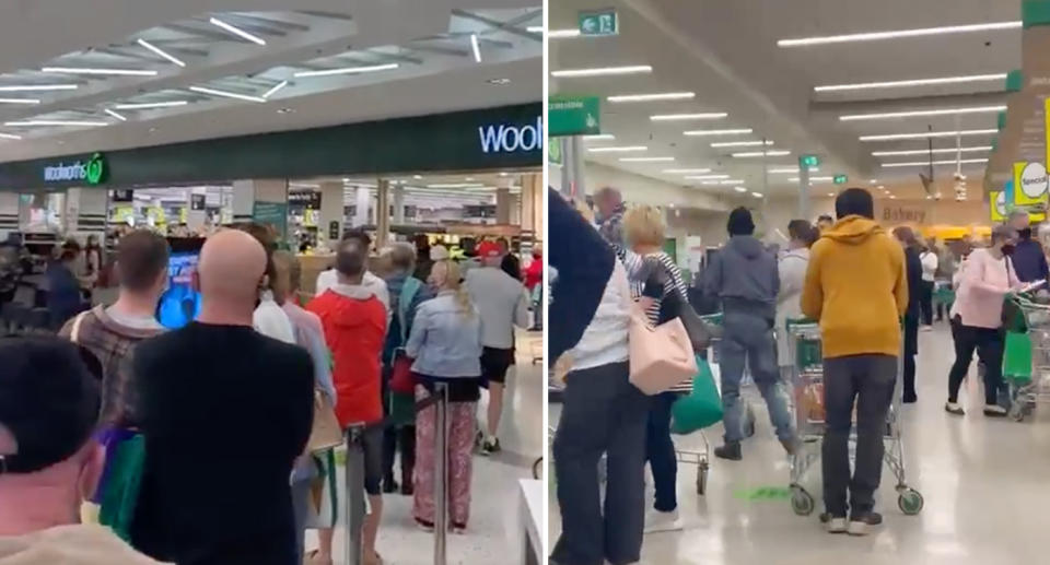 Queues at Woolworths stores at Newcastle Marketown (left) and Muswellbrook (right) after lockdown was announced.. Source: Twitter 