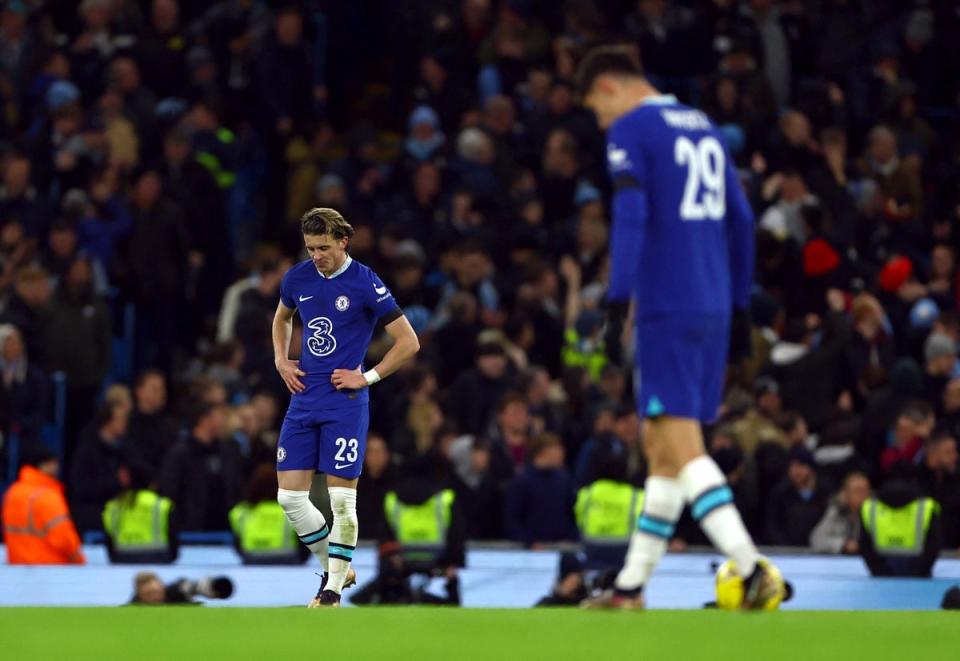 Chelsea’s Conor Gallagher and Kai Havertz look dejected at the Etihad (REUTERS)