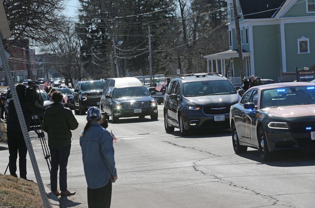 The body of late Marine Capt. Jack Casey is transported to Wiggin-Purdy-McCooey-Dion Funeral Home in Dover Tuesday, Feb. 20, 2024.