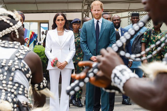 <p>Andrew Esiebo/Getty Images for The Archewell Foundation</p> Prince Harry, Duke of Sussex and Meghan, Duchess of Sussex meet with the Chief of Defence Staff of Nigeria at the Defense Headquarters in Abuja on May 10, 2024 in Abuja, Nigeria.