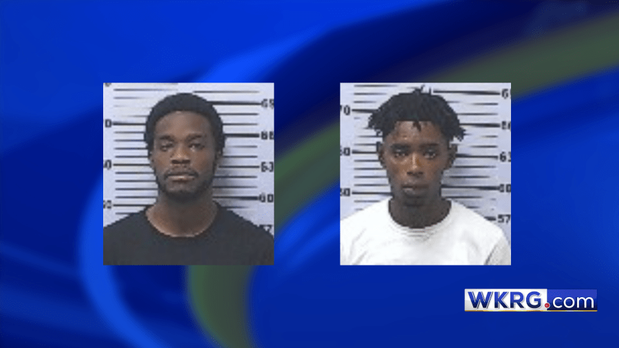 Martravius Deangelo Timmes (left) and Jaheim Leshawn Donaldson (right) mug shot, placed on a blue background with the WKRG.com logo.
