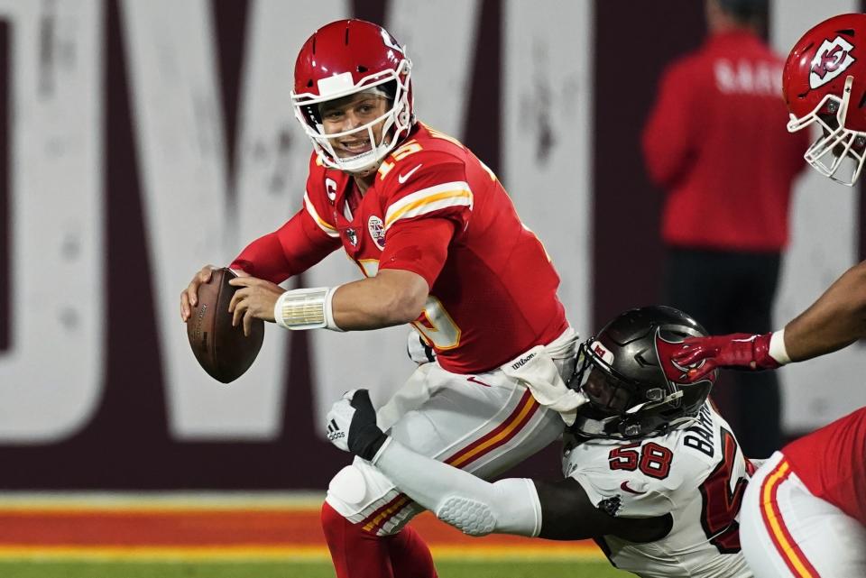 Tampa Bay Buccaneers outside linebacker Shaquil Barrett sacks Kansas City Chiefs quarterback Patrick Mahomes during the second half of the NFL Super Bowl 55 football game Sunday, Feb. 7, 2021, in Tampa, Fla. (AP Photo/Ashley Landis)