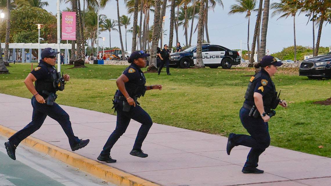 Miami-Dade police bicycle unit on patrol on Ocean Drive during spring break on Miami Beach, Florida on Saturday, March 16, 2024.