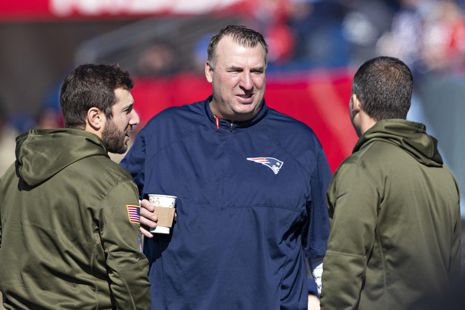 New England Patriots assistant coach Bret Bielema talks on the field before a game against the Tennessee Titans on Nov. 11, 2018. (Getty)