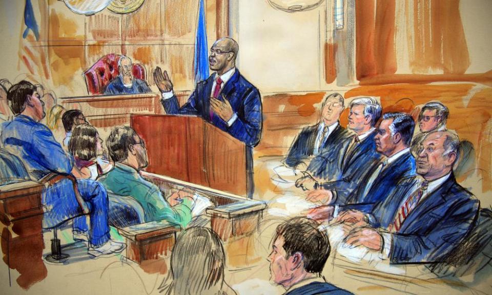 A courtroom sketch depicts Paul Manafort, seated in the right row, second from right; the jury, seated left; and Judge TS Ellis III listening to the assistant US attorney Uzo Asonye, standing.